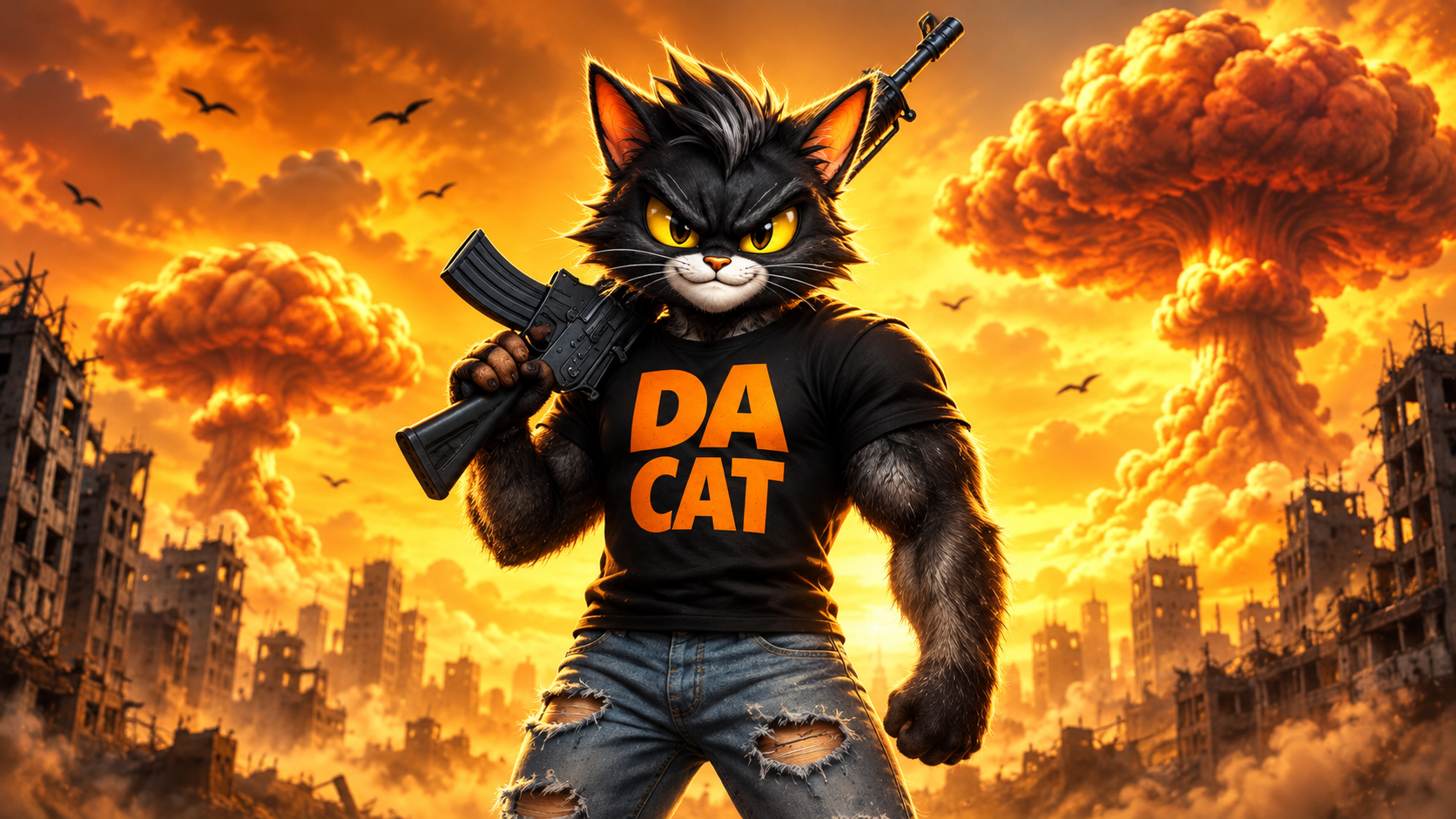 daCAT in a black shirt against a dramatic orange skyline